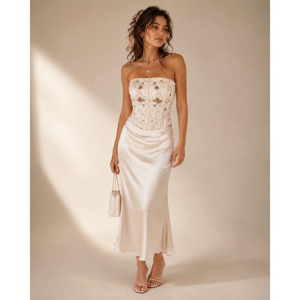 Christian Michele Corset Top Women 8 Ivory Embroidered Strapless L5413 Bridal